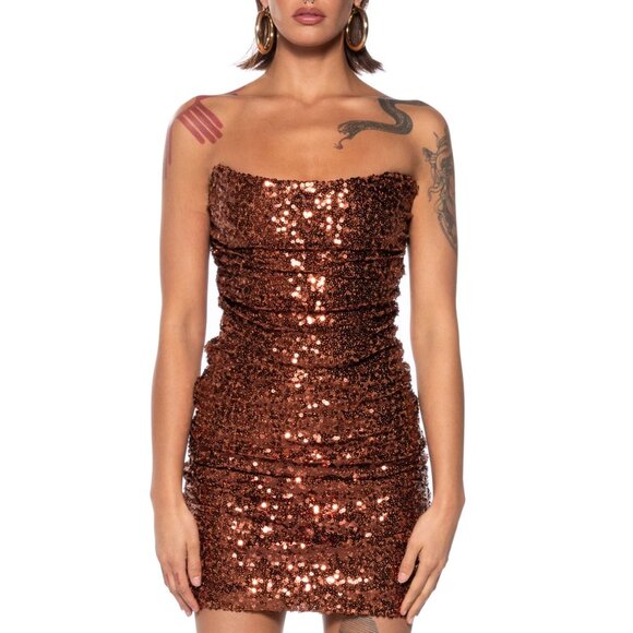 Callie Lives When You Need Me: Bronzy Brown Sequin Tube Dress S L XL - Picture 3 of 5